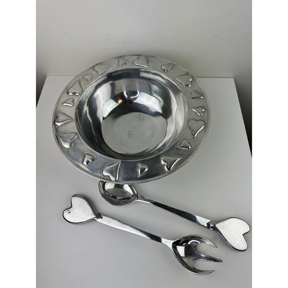 Mexico Silver Salad Bowl Stainless Steel Hearts Spoon Fork Serveware Set RARE - Picture 9 of 11